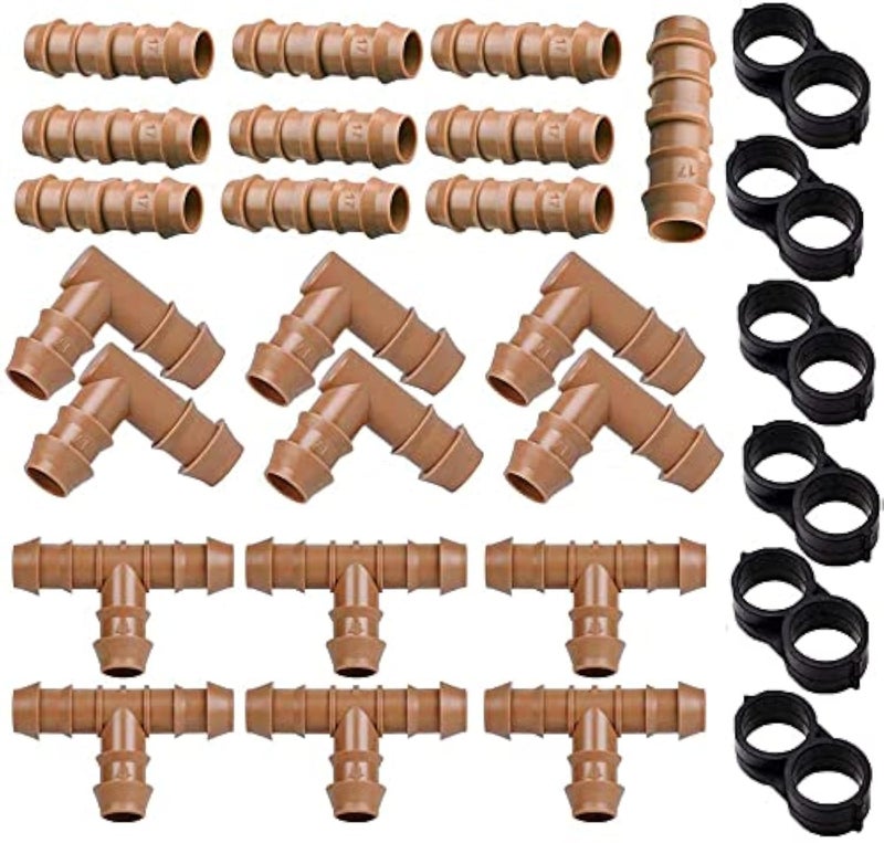 Arfun 28P Drip Irrigation Fittings Kit (17mm) for 1/2" Tubing (.600" ID), 10 Couplings, 6 Tees, 6 Elbows and 6 Tubing End Closure - Barded Connectors for Drip or Sprinkler Systems(28 Pieces Set) - Image 1